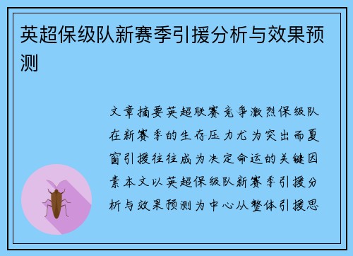 英超保级队新赛季引援分析与效果预测 英超保级队新赛季引援分析与效果预测