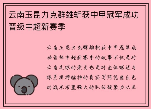 云南玉昆力克群雄斩获中甲冠军成功晋级中超新赛季