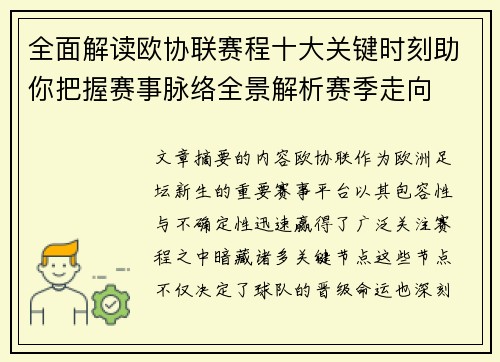 全面解读欧协联赛程十大关键时刻助你把握赛事脉络全景解析赛季走向